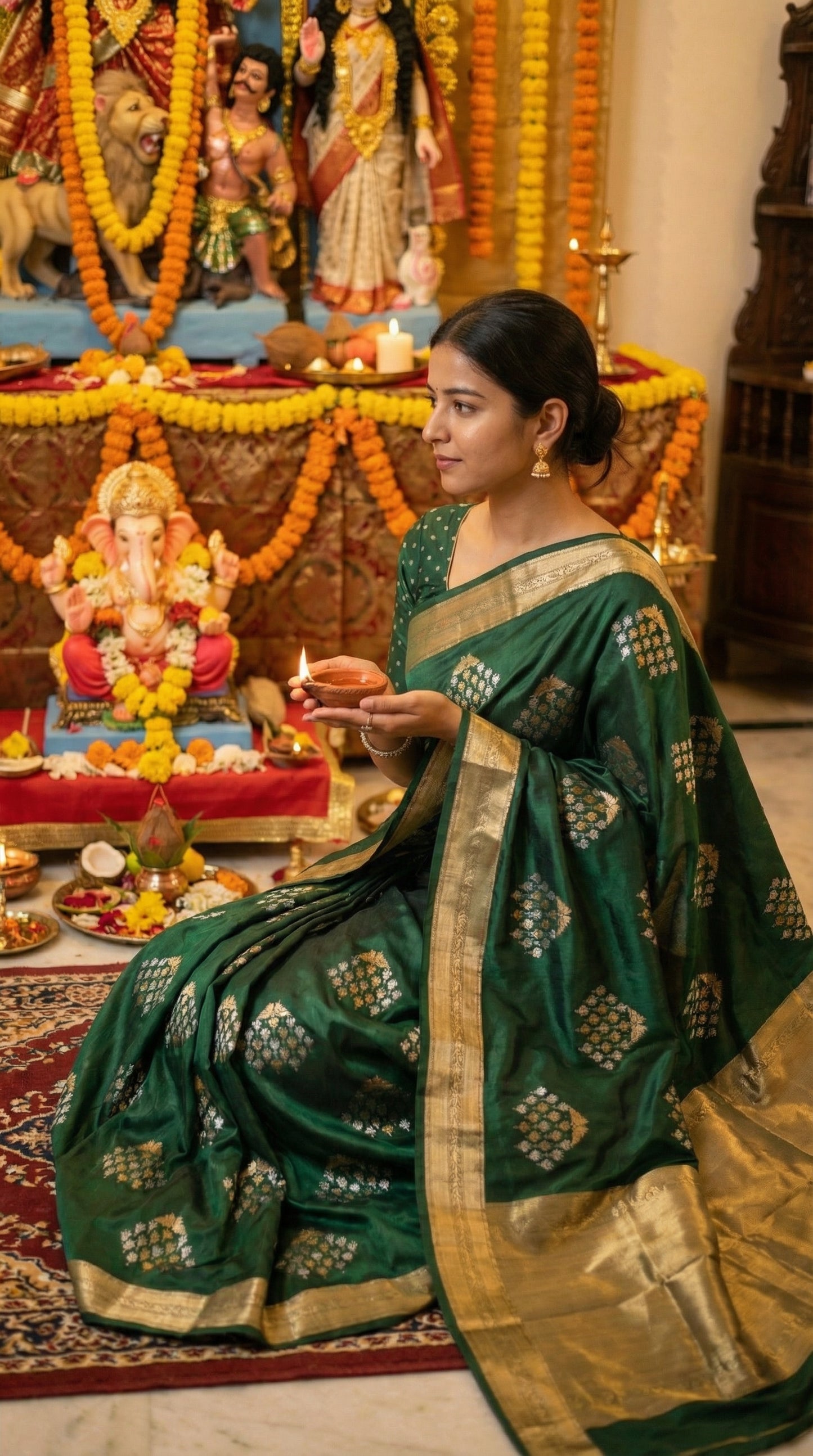 Woman wearing Green pure soft silk saree with bird and branch Zari motifs and antique gold border. She is sitting in front of the Ganpati holding a Diya... Set the scene inside a warm, tasteful Indian home interior — festive environment. Durga puja set up.