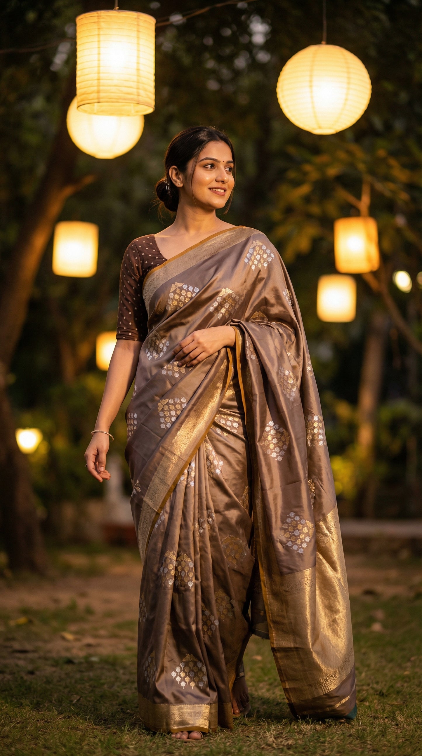 Woman wearing grey pure soft silk saree with golden embroidery and floral Zari border. Standing under hanging lanterns in evening light, one foot mid-step; cinematic glow, shimmer fabrics pop.