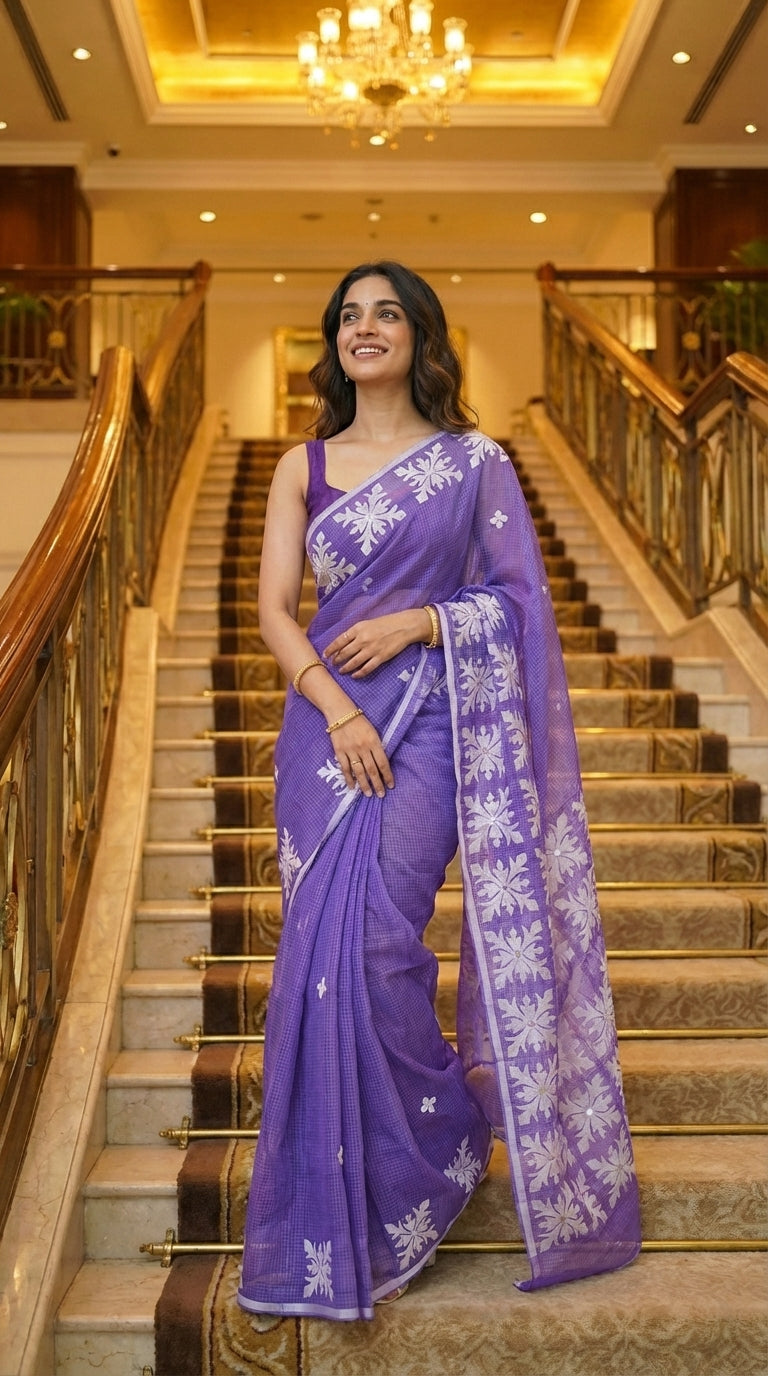 Woman in a purple-applique-kota-saree, standing on a staircase.