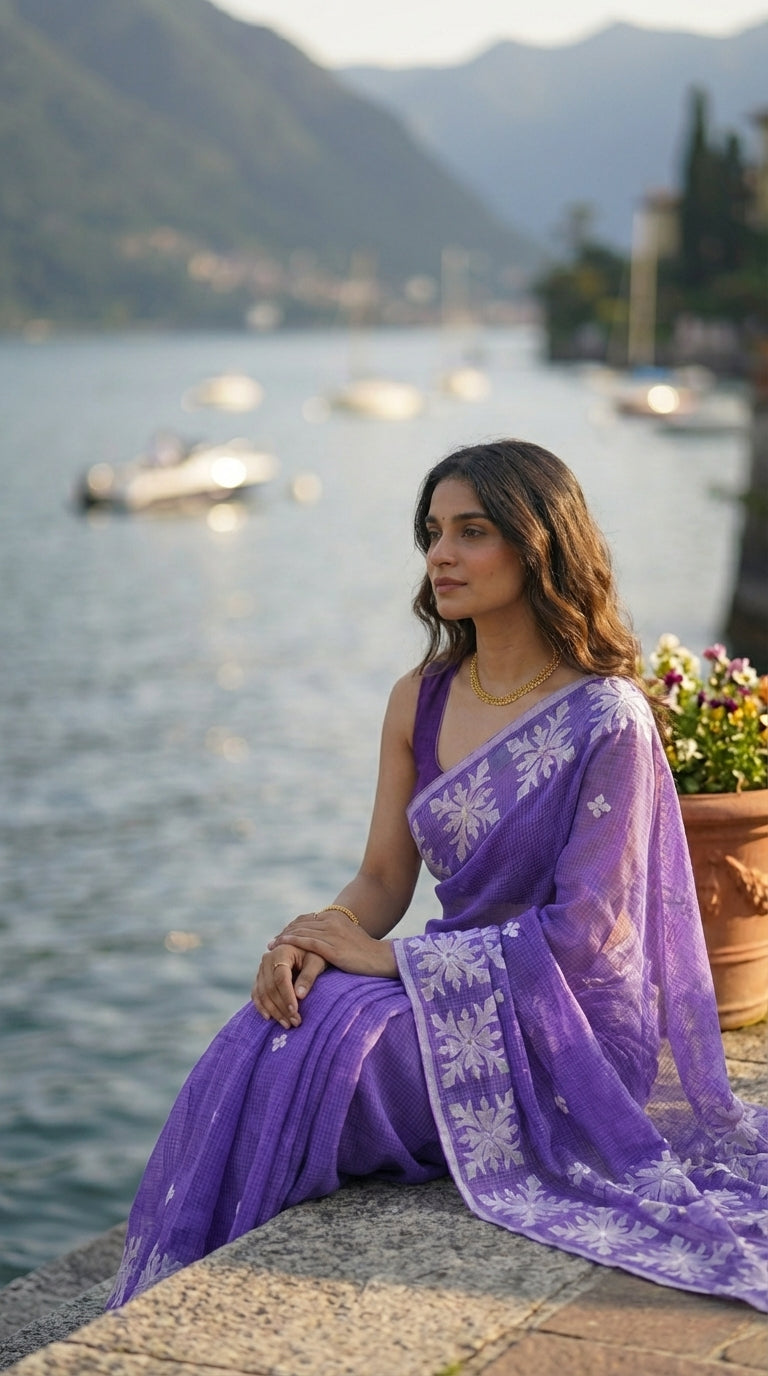 Woman in a purple-applique-kota-saree, sitting by a lake with mountains in the background