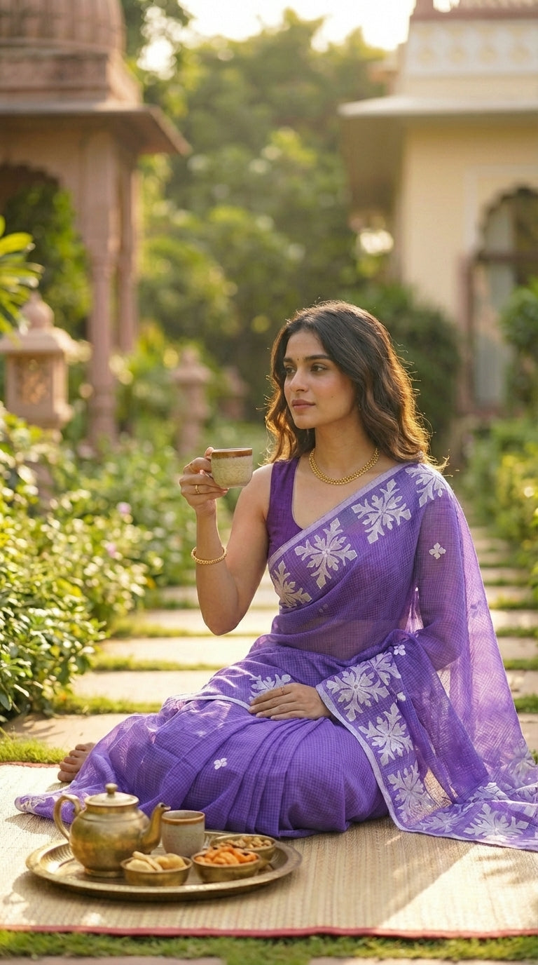 Woman in a purple-applique-kota-saree, sitting outdoors with a cup and snacks.