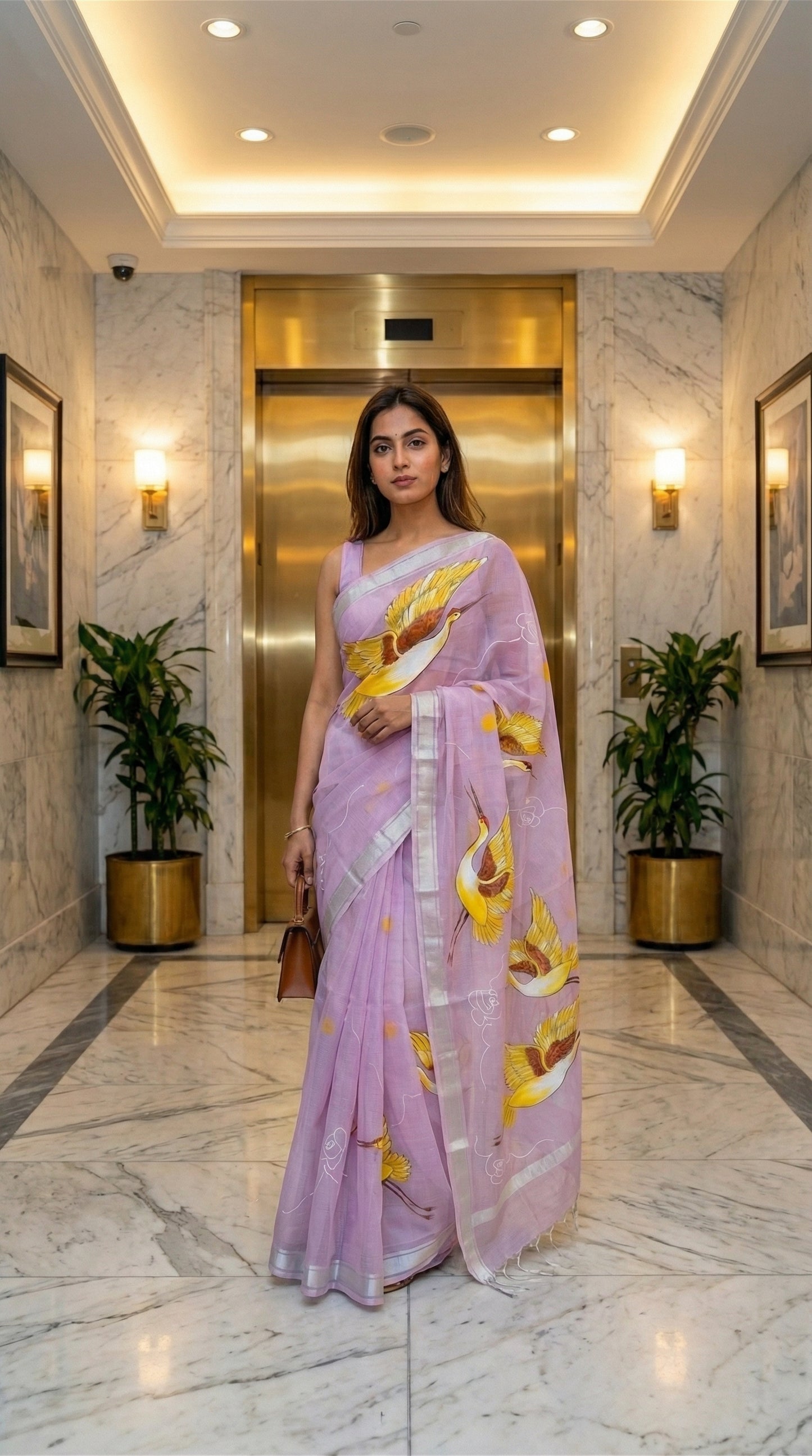 Woman in a purple-kota-doria-crane-saree, standing in a modern elevator lobby.