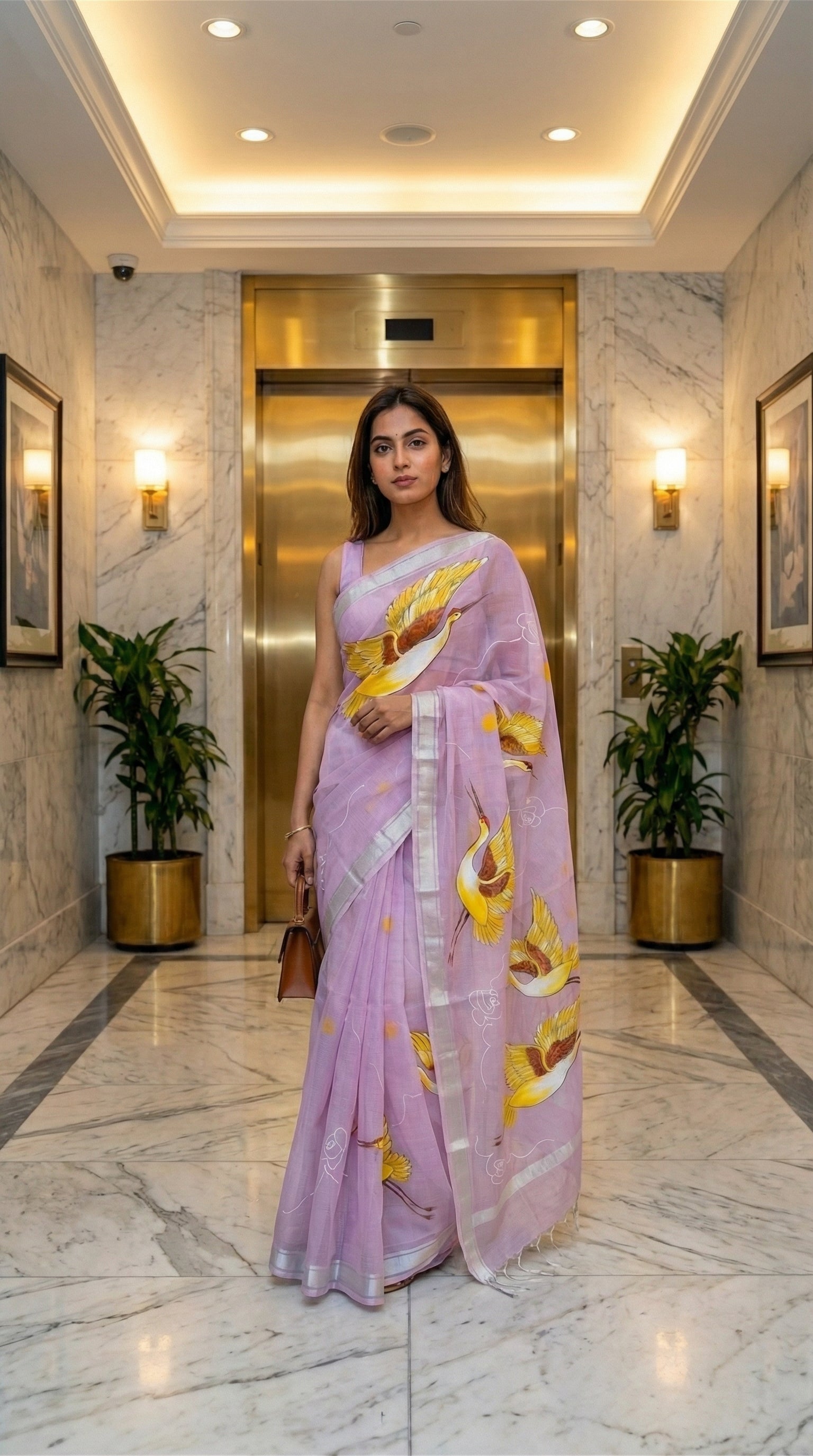 Woman in a purple-kota-doria-crane-saree, standing in a modern elevator lobby.