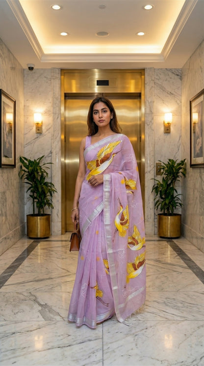 Woman in a purple-kota-doria-crane-saree, standing in a modern elevator lobby.