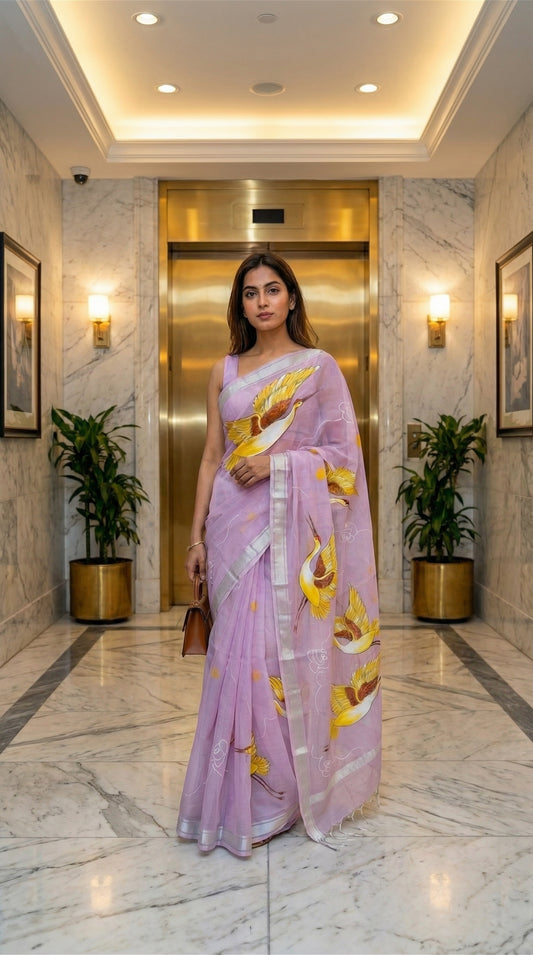 Woman in a purple-kota-doria-crane-saree, standing in a modern elevator lobby.