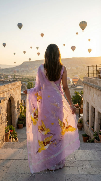 Woman in a purple-kota-doria-crane-saree, standing on a stone staircase, watching hot air balloons in the sky.