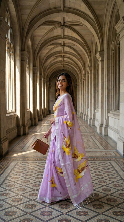 Woman in a purple-kota-doria-crane-saree, standing in an elegant hallway.
