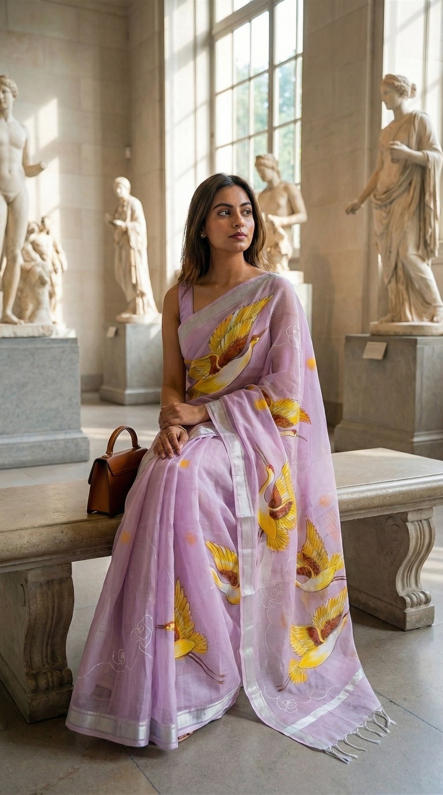 Woman in a purple-kota-doria-crane-saree, in an indoor setting with statues.