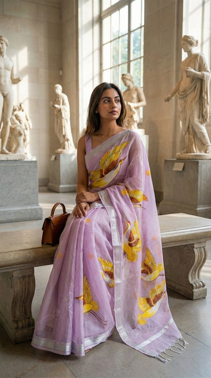 Woman in a purple-kota-doria-crane-saree, in an indoor setting with statues.