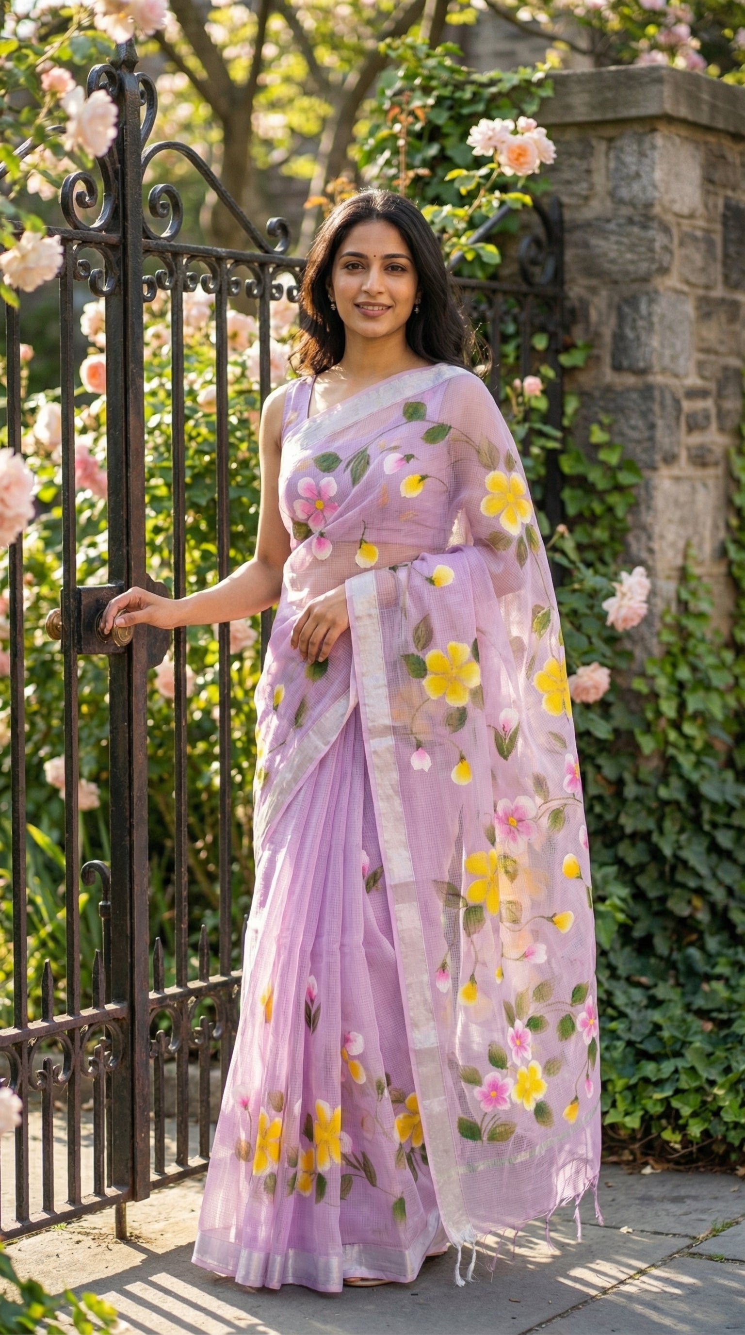 Woman in a purple-kota-doria-hand-painted-floral-saree, standing in front of a gate with flowers.
