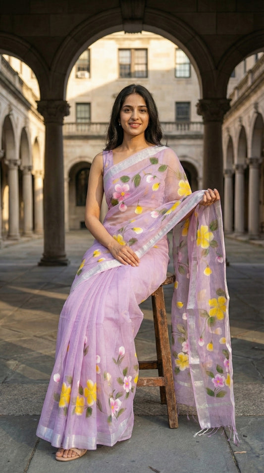 Woman in a purple-kota-doria-hand-painted-floral-saree, sitting under an archway
