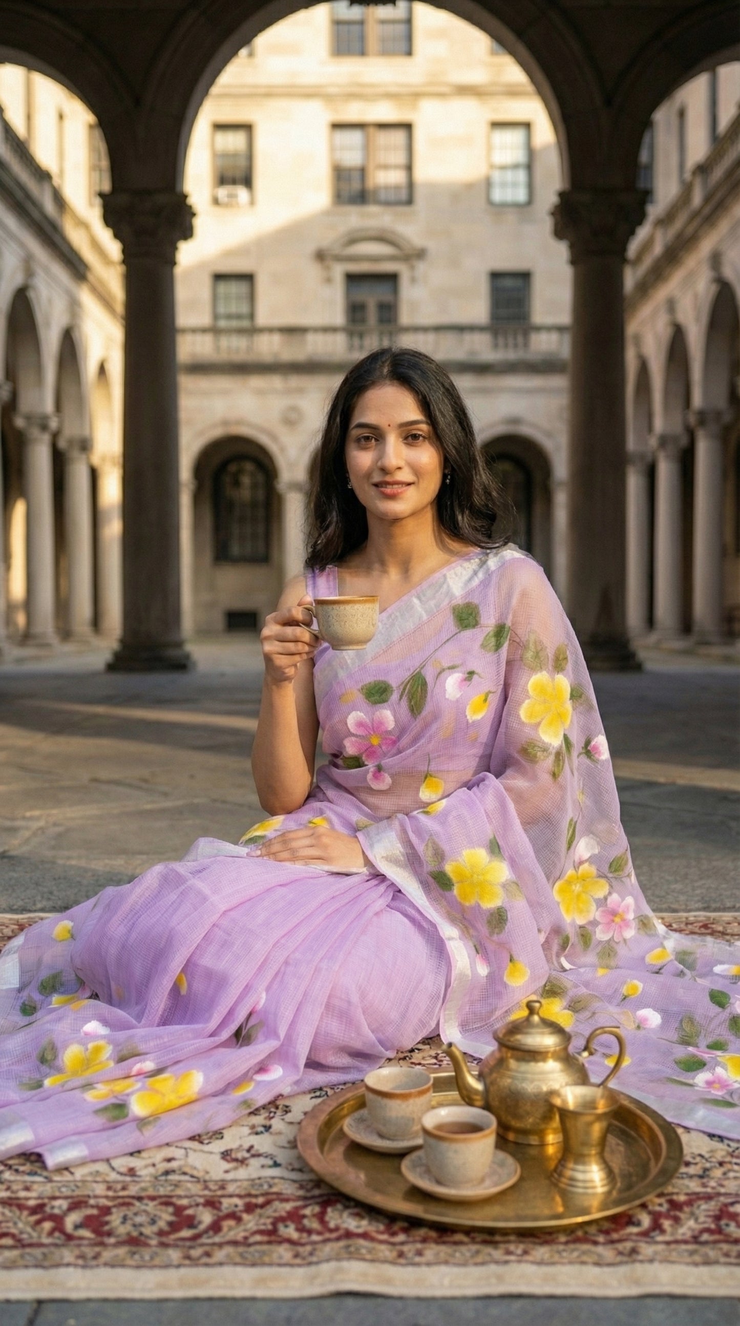 Woman in a purple-kota-doria-hand-painted-floral-saree, sitting on a rug with a cup of tea in an outdoor setting.