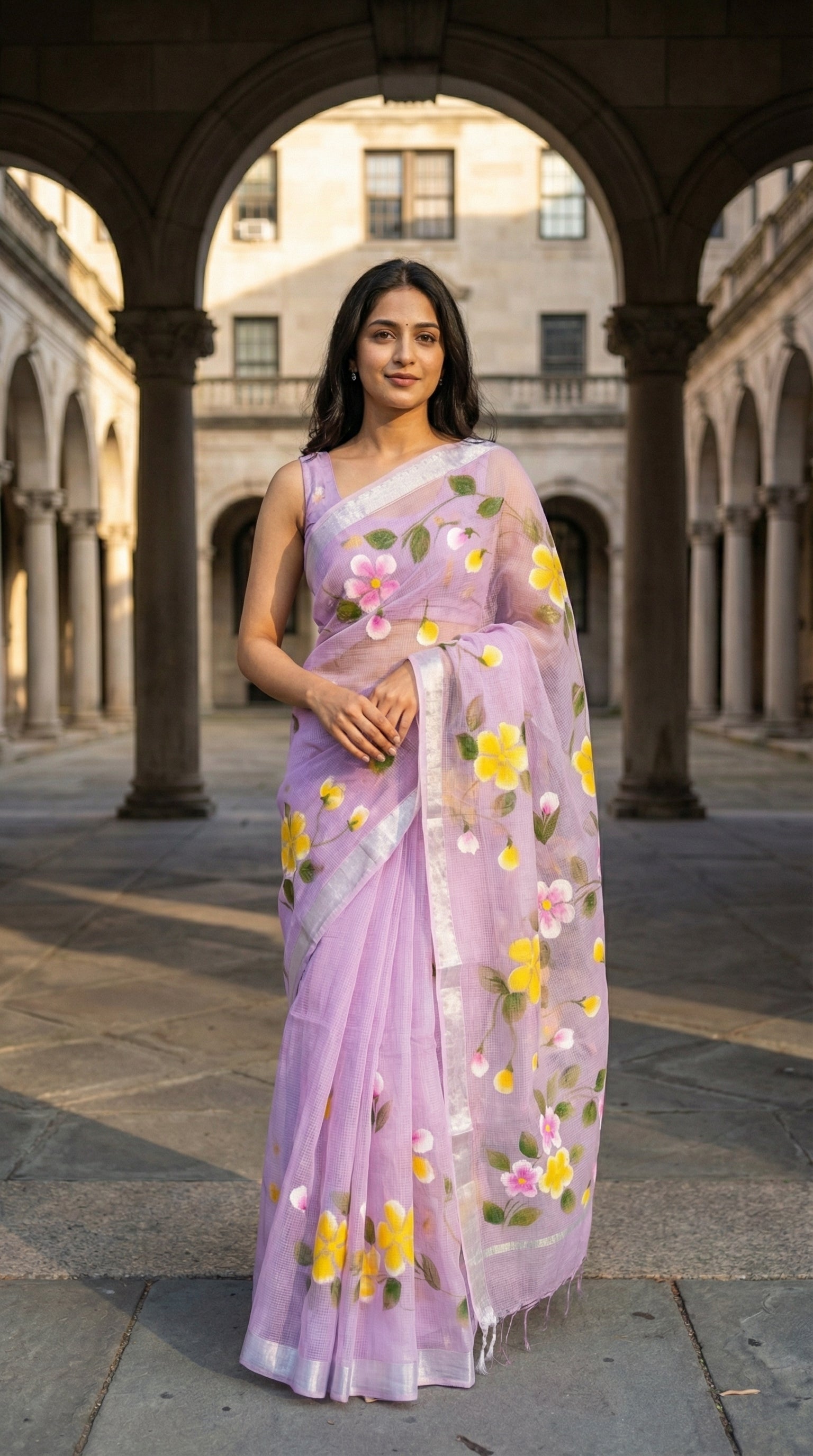 Woman in a purple-kota-doria-hand-painted-floral-saree, standing in an outdoor setting with arches.