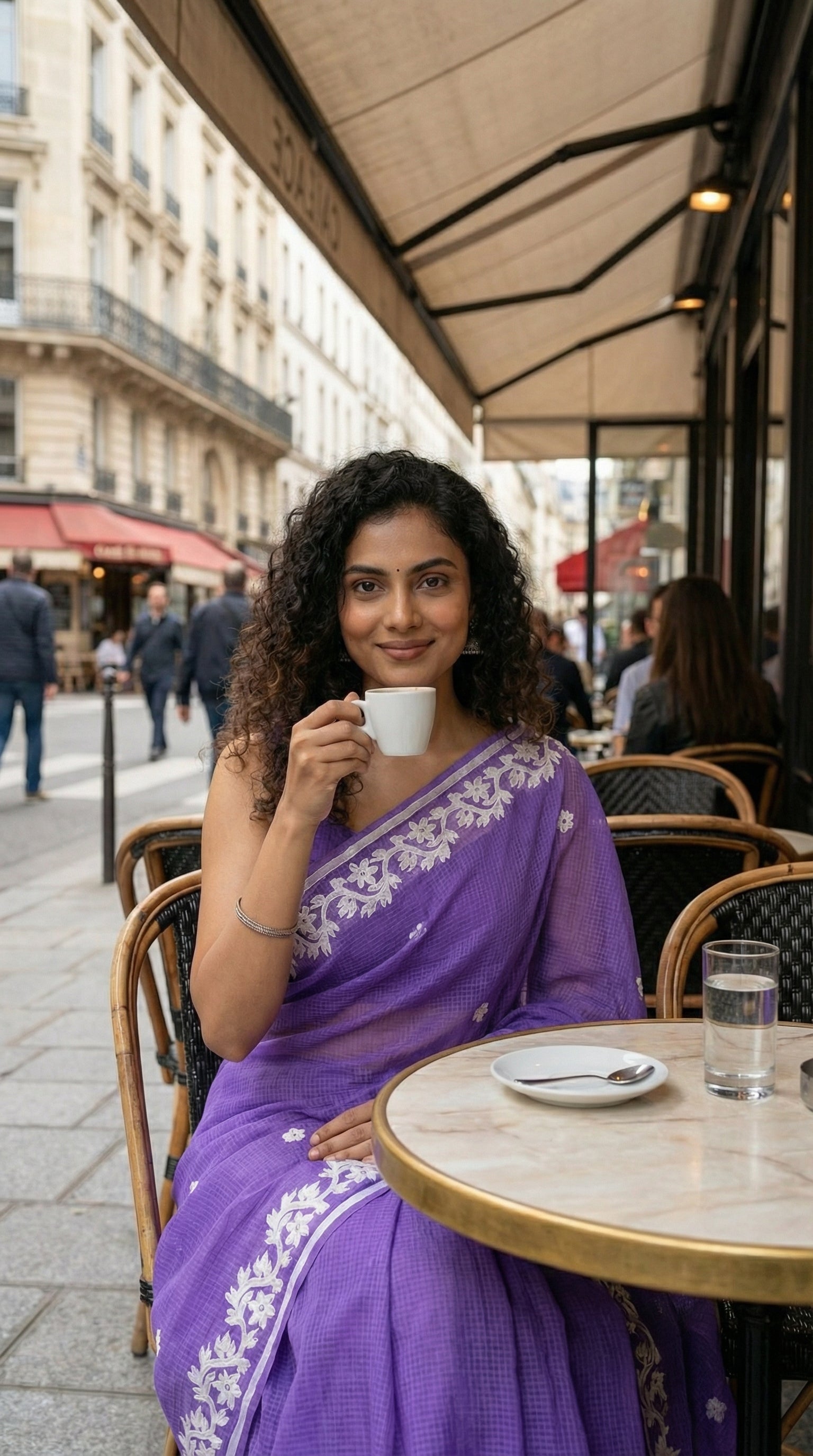 Woman in a purple-kota-doria-saree, drinking coffee at an outdoor cafe in an urban setting