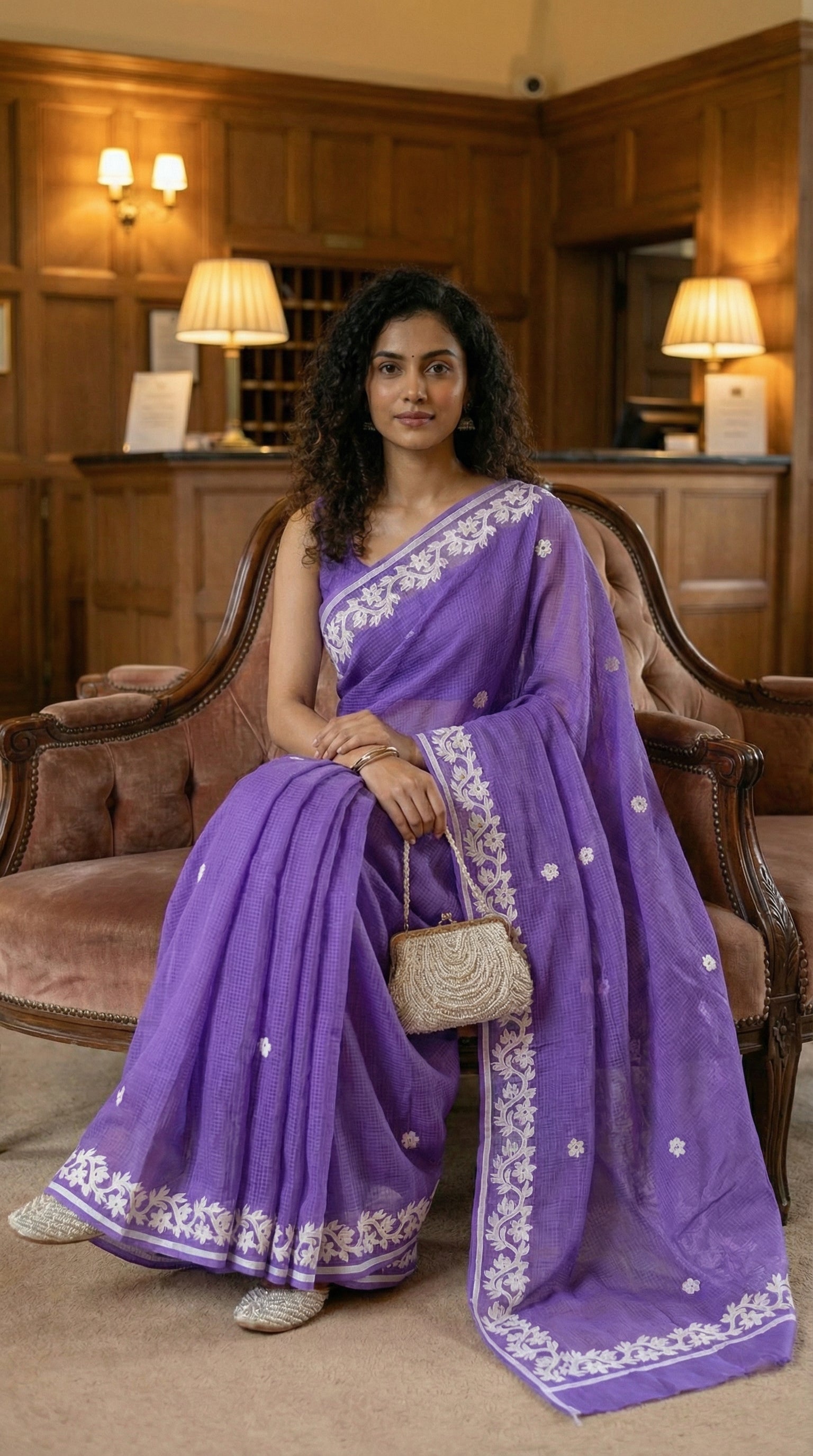Woman in a purple-kota-doria-saree, sitting on a chair in an elegant room.