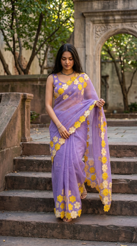 Woman in a purple-mirror-work-kota-saree, standing on stone steps.