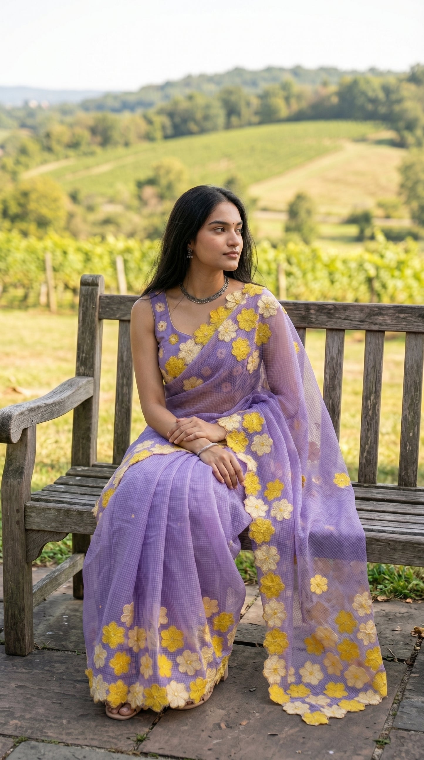 Woman in a purple-mirror-work-kota-saree, sitting on a wooden bench in a vineyard.