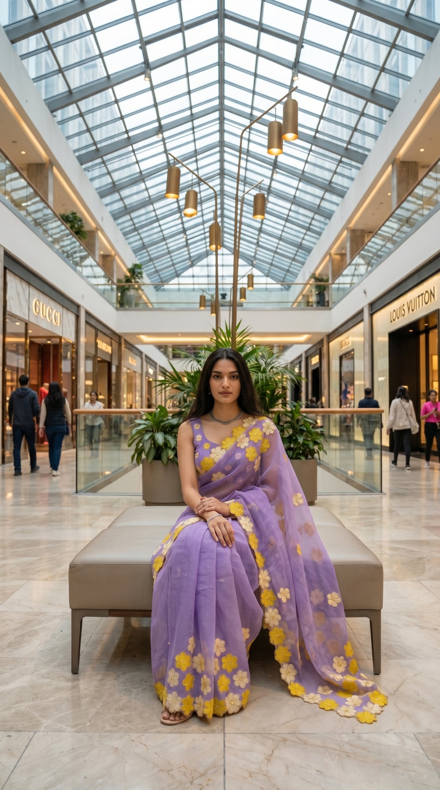 Woman in a purple-mirror-work-kota-saree, sitting on a bench in a mall with a modern architectural background.
