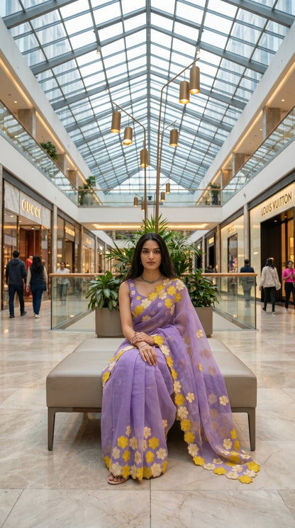 Woman in a purple-mirror-work-kota-saree, sitting on a bench in a mall with a modern architectural background.
