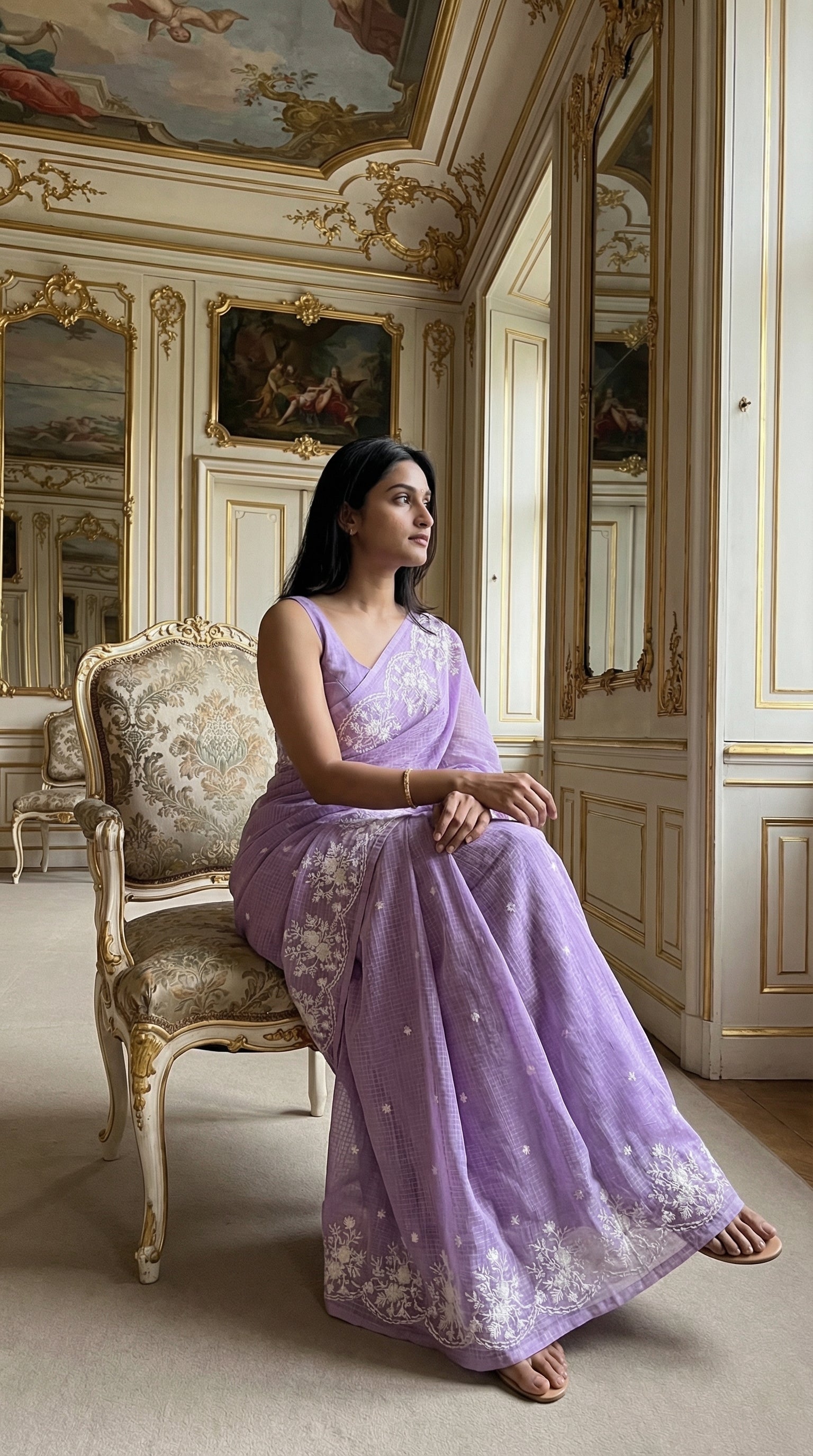 Woman in a purple-resham-kota-cotton-saree, sitting on an ornate chair in an elegant room.