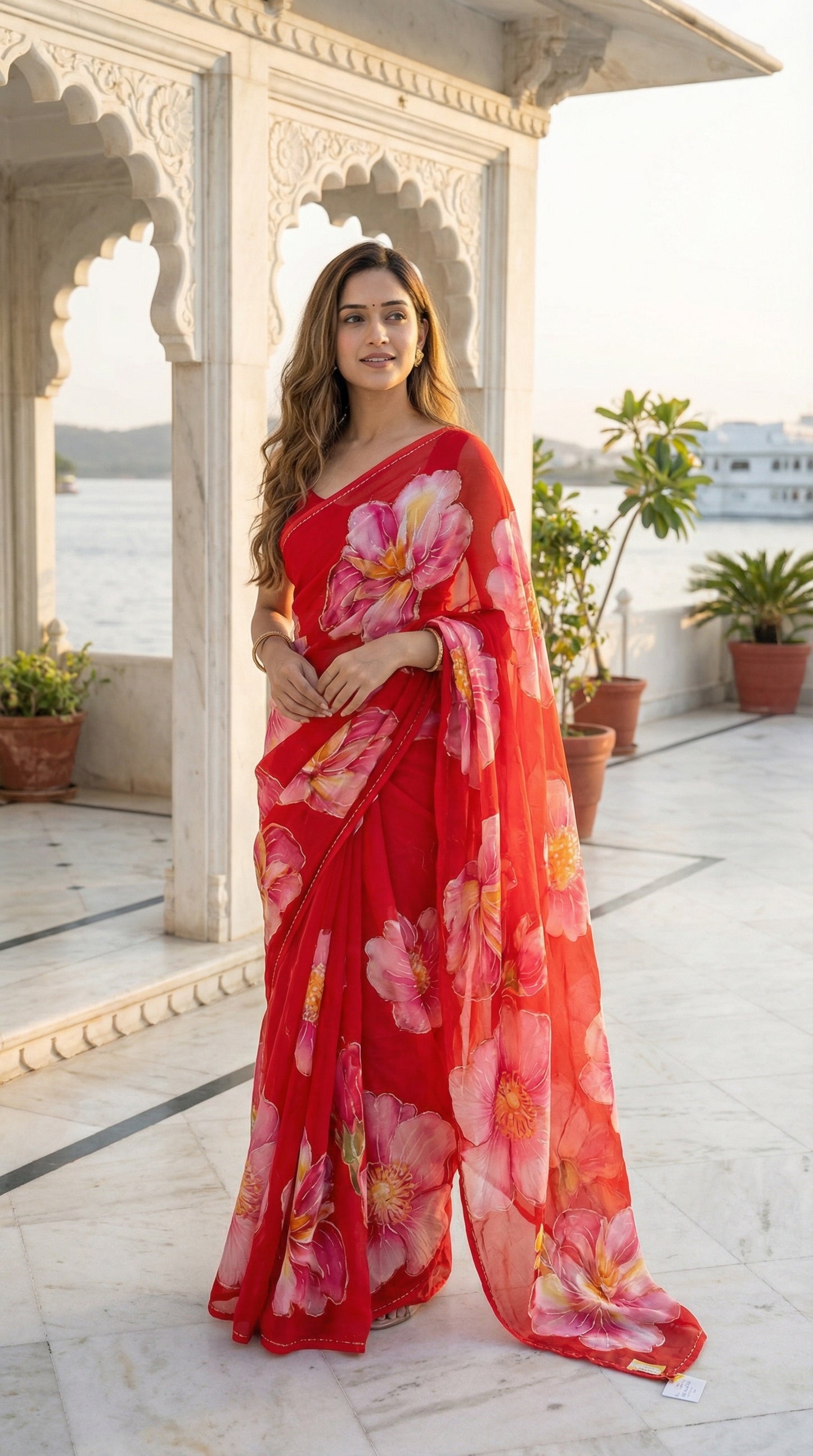 Woman in a red chiffon saree with large floral prints, on a rooftop with architectural elements and plants in the background.