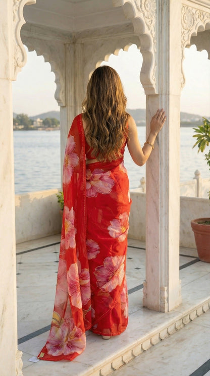 Woman in a red chiffon saree with large floral prints, standing on a balcony overlooking water.