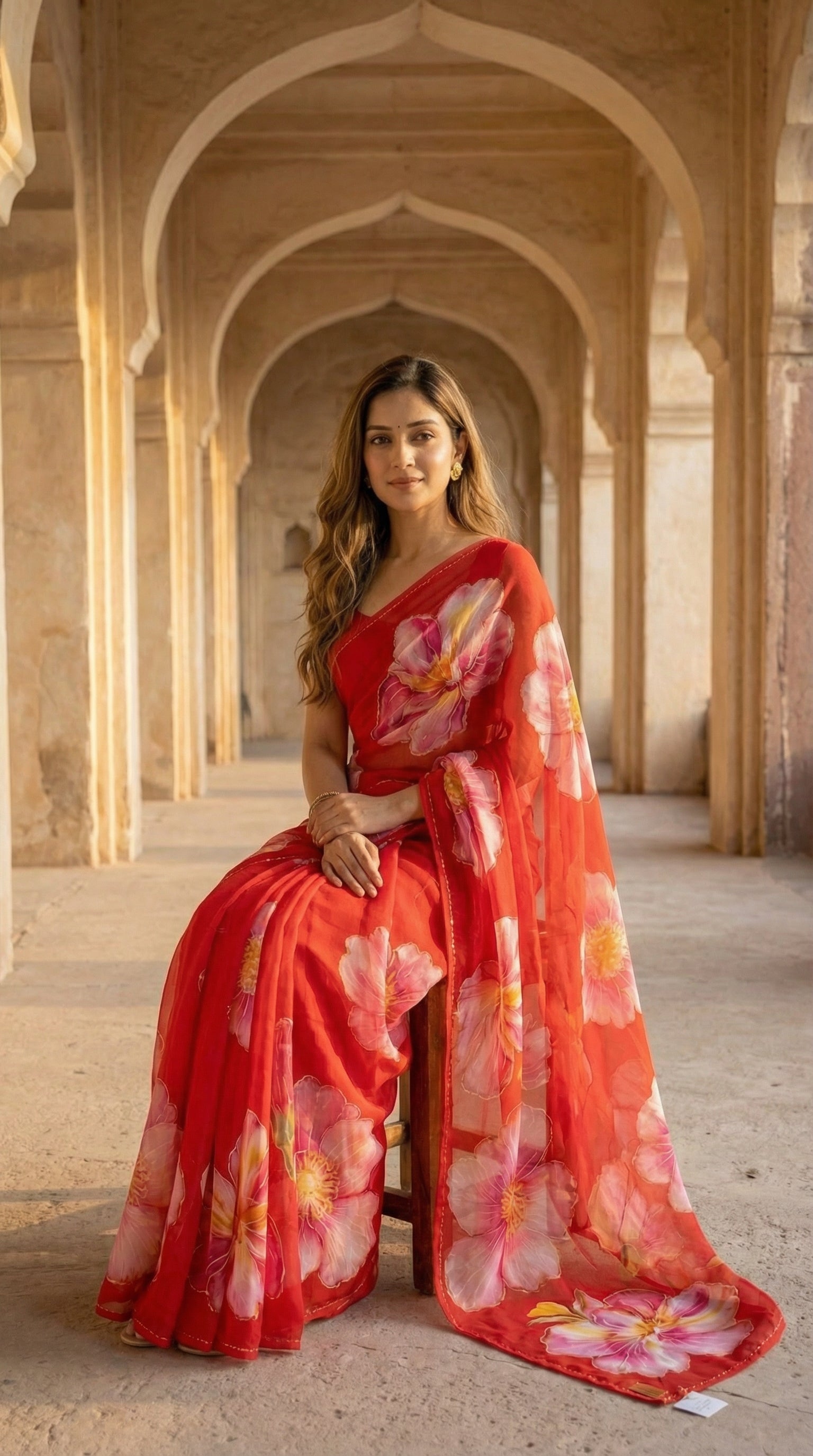 Woman in a red chiffon saree with large floral prints, sitting in an architectural setting.