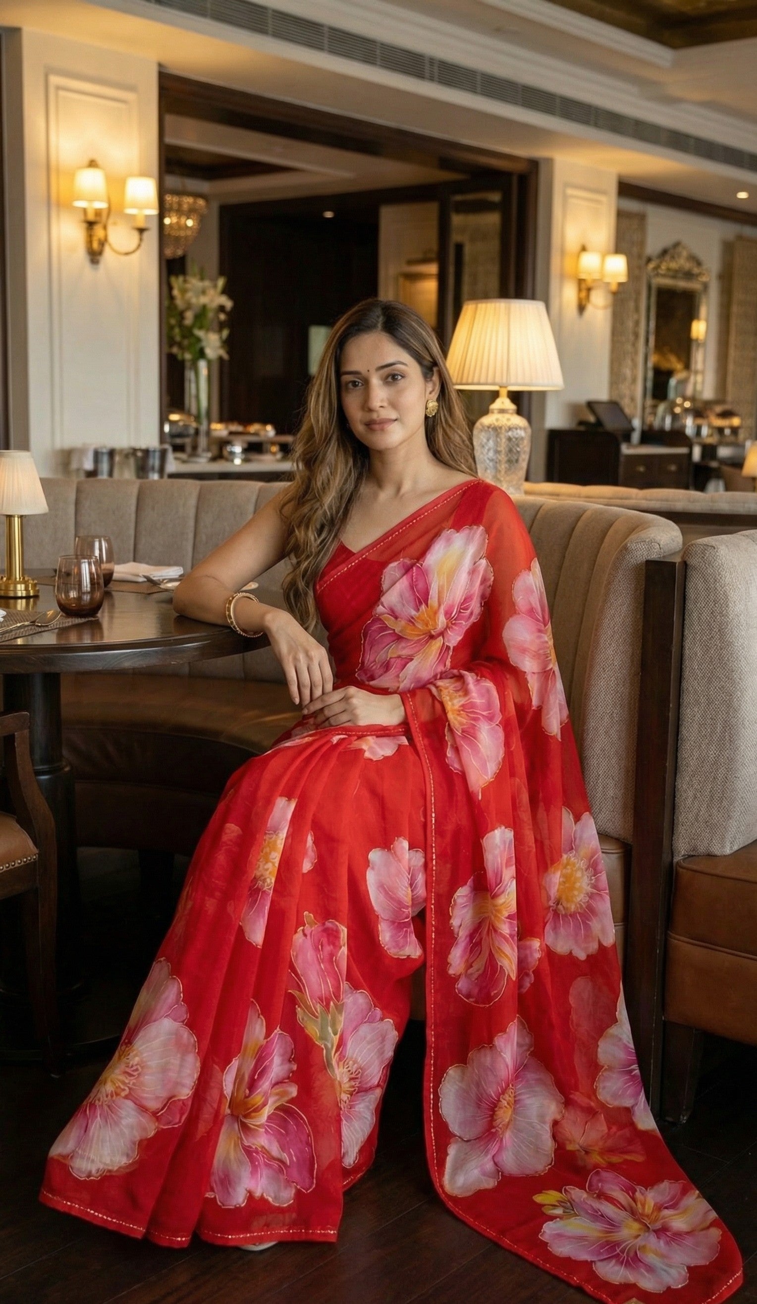Woman in a red chiffon saree with large floral prints, sitting in a restaurant.