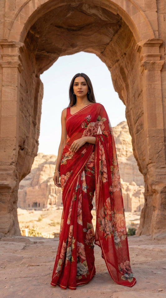 Woman in a red chiffon saree with floral prints, with floral patterns standing in front of stone arches and desert landscape.