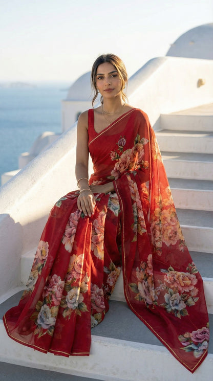 Woman in a red chiffon saree with floral prints, sitting on white steps with a scenic background.