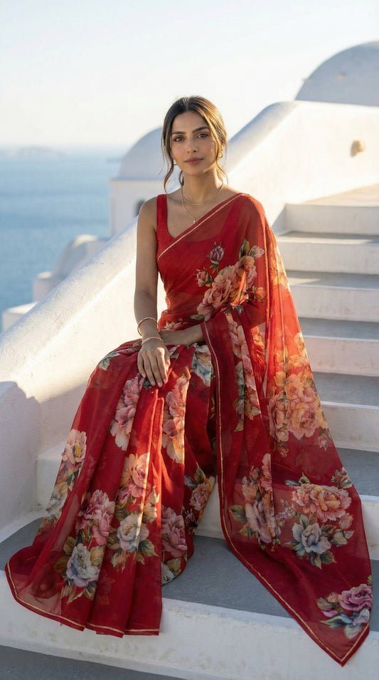 Woman in a red chiffon saree with floral prints, sitting on white steps with a scenic background.