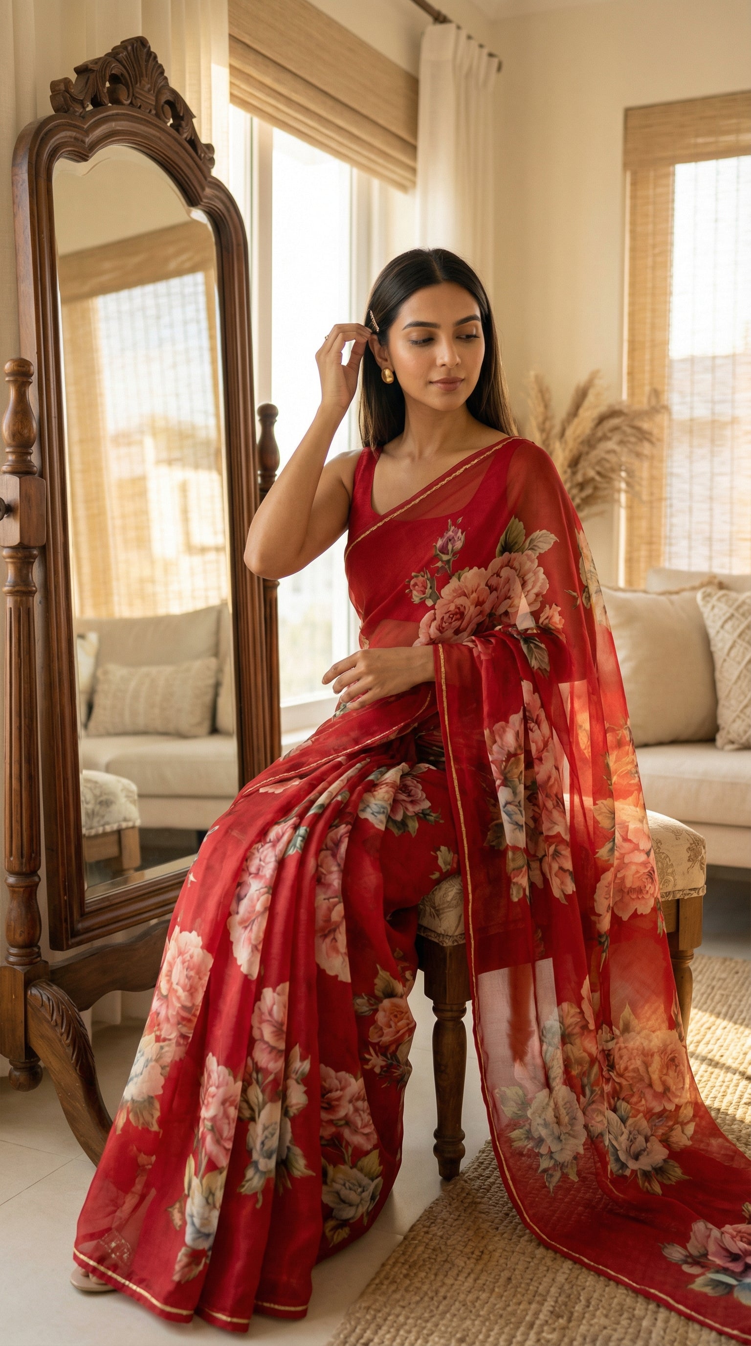 Woman in a red chiffon saree with floral prints, sitting in a room with a mirror and sofa.