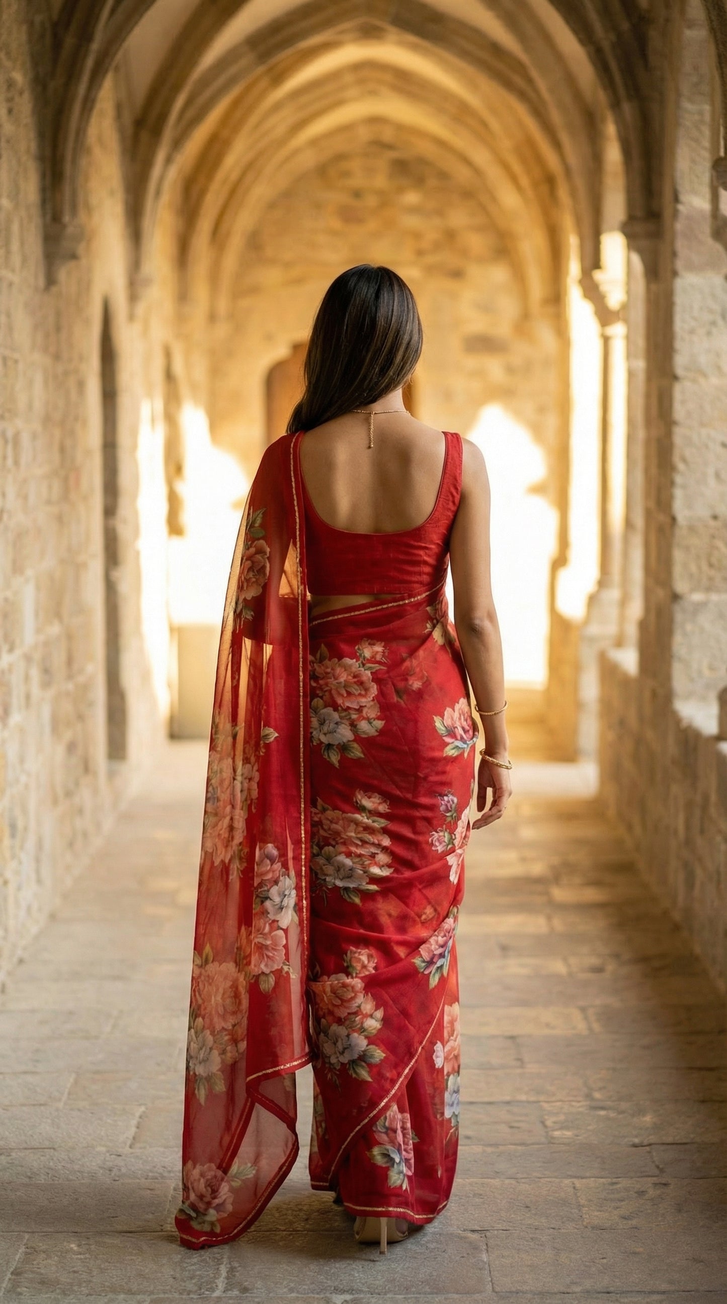 Woman in a red chiffon saree with floral prints, walking through an archway in a sunlit hallway.