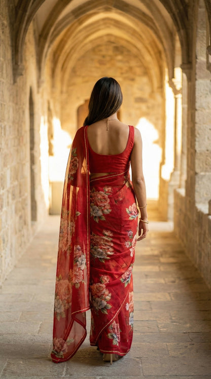Woman in a red chiffon saree with floral prints, walking through an archway in a sunlit hallway.