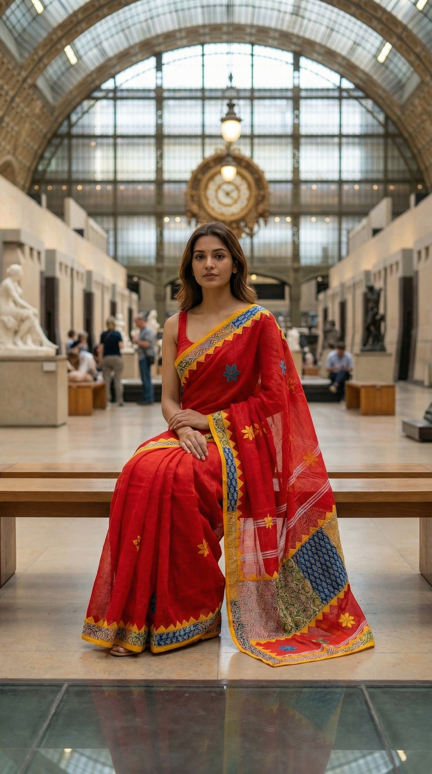 Woman in a red cotton linen saree with applique border, in a museum setting.