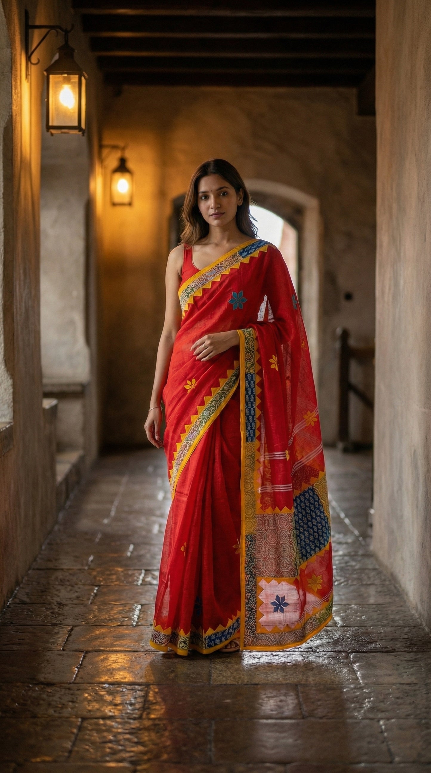 Woman in a red cotton linen saree with applique border, standing in a dimly lit corridor.