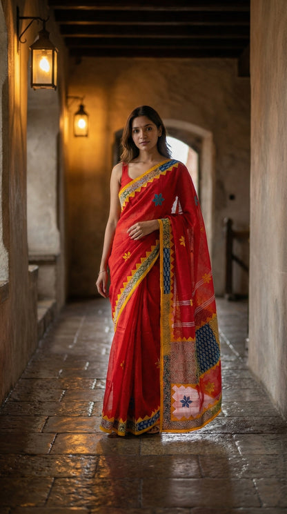 Woman in a red cotton linen saree with applique border, standing in a dimly lit corridor.