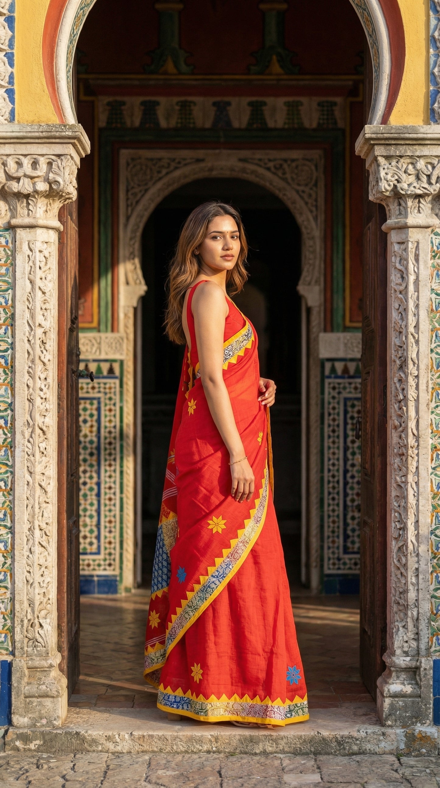 Woman in a red cotton linen saree with applique border, standing in an ornate doorway.