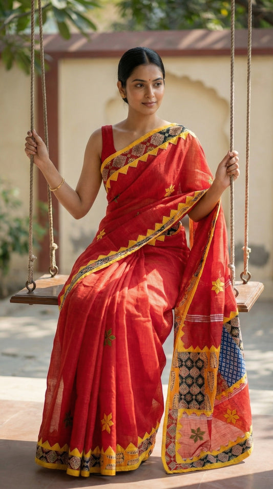 Woman in a red cotton linen saree featuring traditional tribal applique pallu, sitting on a swing outdoors.