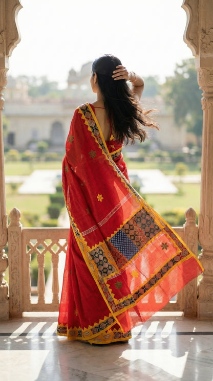 Woman in a red cotton linen saree featuring traditional tribal applique pallu, standing on a balcony with a scenic background.