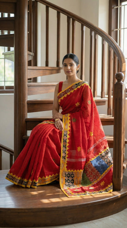 Woman in a red cotton linen saree featuring traditional tribal applique pallu, sitting on a wooden staircase.