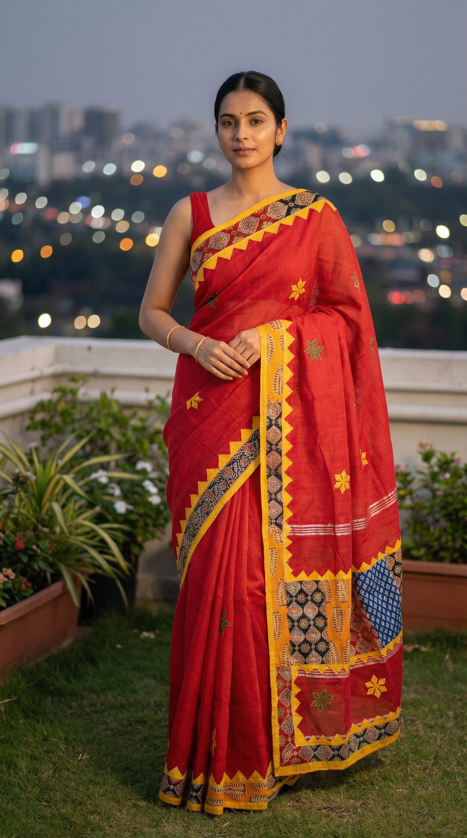 Woman in a red cotton linen saree featuring traditional tribal applique pallu, standing on a rooftop with city lights in the background.