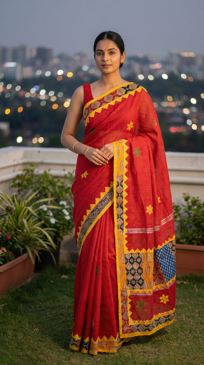 Woman in a red cotton linen saree featuring traditional tribal applique pallu, standing on a rooftop with city lights in the background.