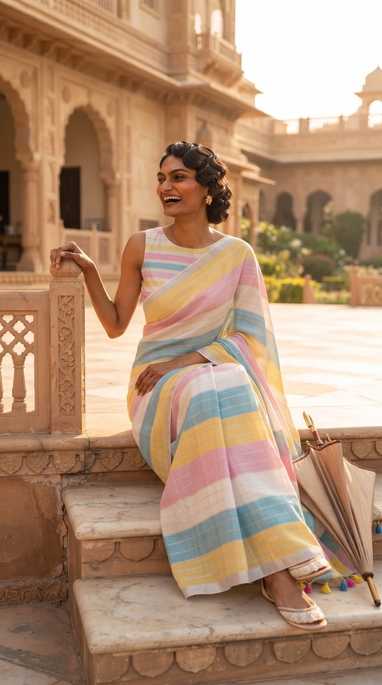 Linen Saree in Pastel Candy Stripes with Playful Pallu Tassels
