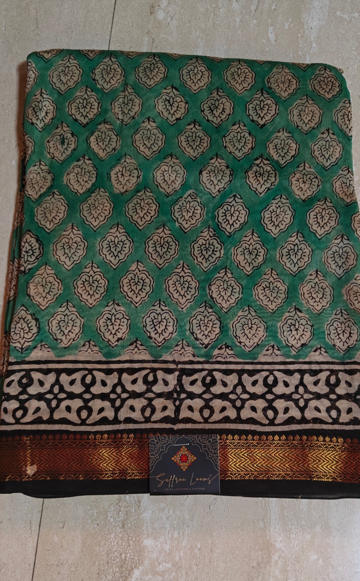 Maheshwari Silk Saree with Sanganery Handblock Print - Green
