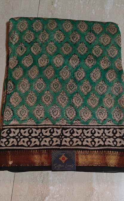 Maheshwari Silk Saree with Sanganery Handblock Print - Green