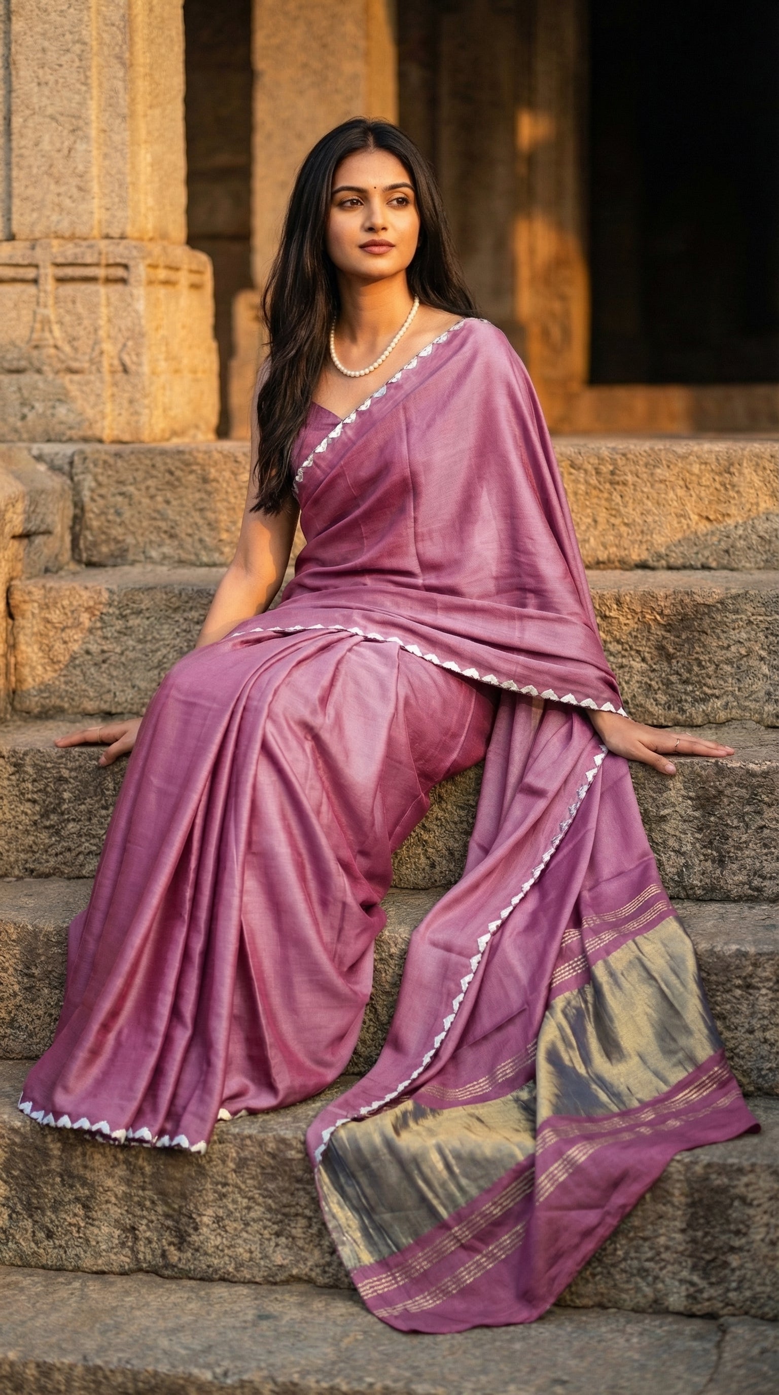 Woman in a rose-pink-modal-silk-saree-lagdi-patta-pallu, sitting on stone steps with classical architecture in the background