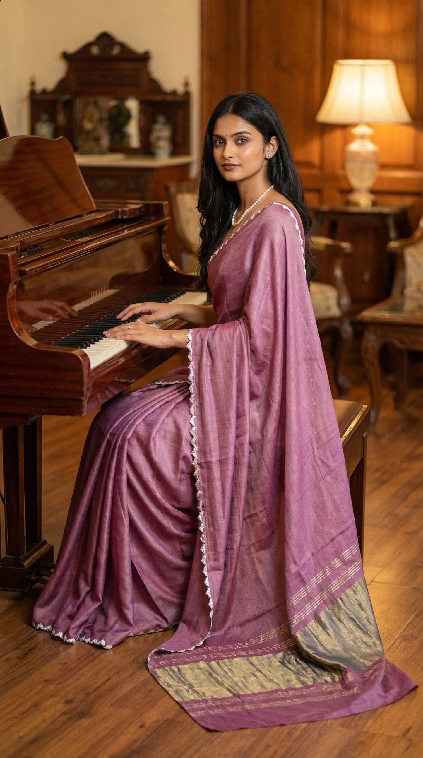 Woman in a rose-pink-modal-silk-saree-lagdi-patta-pallu, playing Mahogany piano.