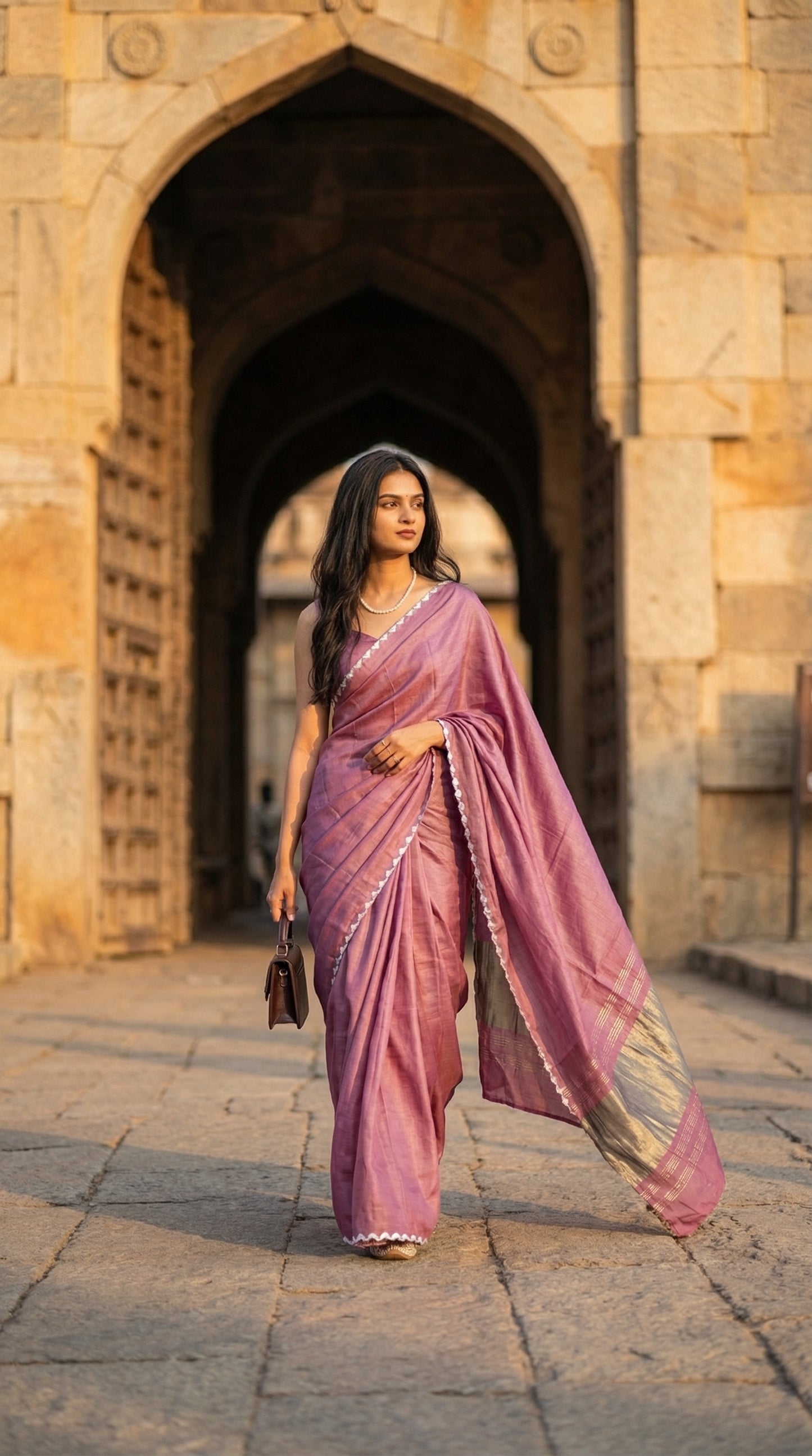 Woman in a rose-pink-modal-silk-saree-lagdi-patta-pallu, walking on a entrance of a heritage building.