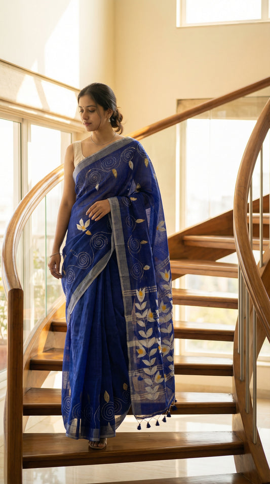 Woman wearing a blue hand painted cotton linen saree with floral motifs and tassel pallu, standing on a staircase.